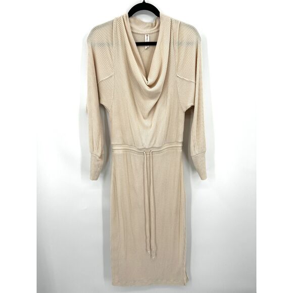 ANTHROPOLOGIE Daily Practice Cream Ribbed Cowl Neck Sweater Midi Dress Small - Picture 5 of 12